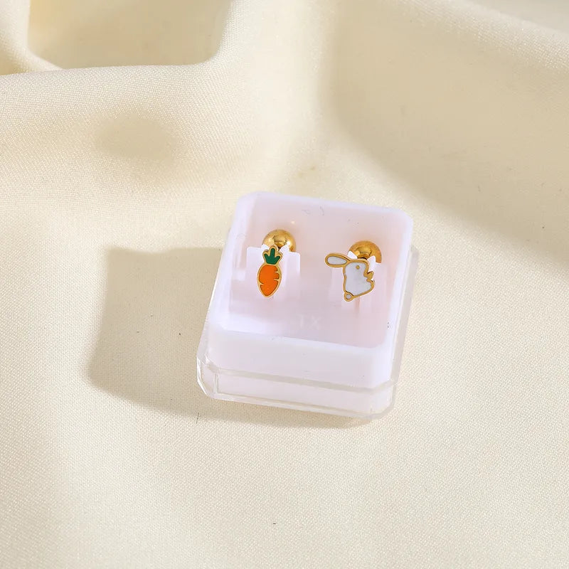 Boucles Oreilles - Gourde Lapin ou Lune Soleil - Acier Inoxydable 304 Zircon Plaqué Or 18K - Clous d'oreilles