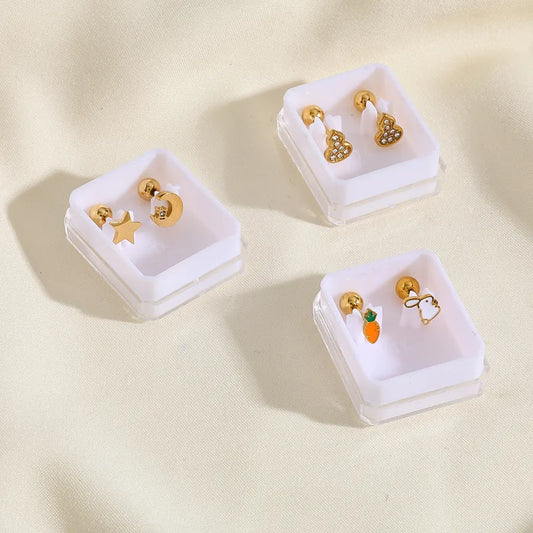 Boucles Oreilles - Gourde Lapin ou Lune Soleil - Acier Inoxydable 304 Zircon Plaqué Or 18K - Clous d'oreilles