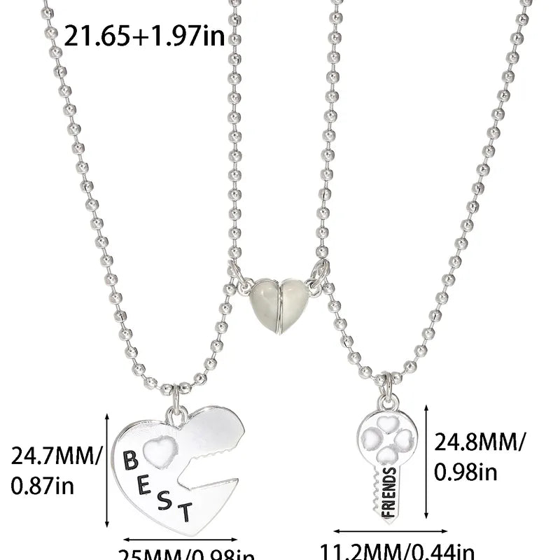 Set of 2 Friendship Necklaces Chains - Heart and Key - BFF Best Friends Forever - Pendant - Lovers Couple Silver Stainless Steel