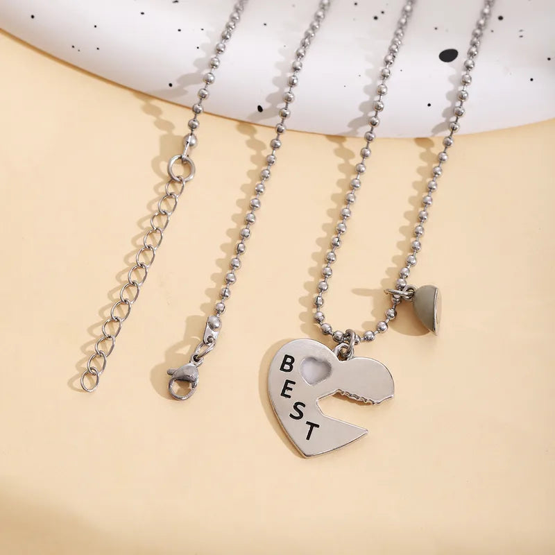 Set of 2 Friendship Necklaces Chains - Heart and Key - BFF Best Friends Forever - Pendant - Lovers Couple Silver Stainless Steel