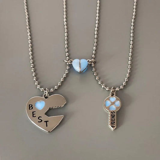 Lot de 2 Colliers D'amitié Aimanté - Coeur et Clé - BFF - Best Friends Forever - Pendentif - Amoureux Couple Amitié - Acier Inoxydable 304 - Phosphorescent