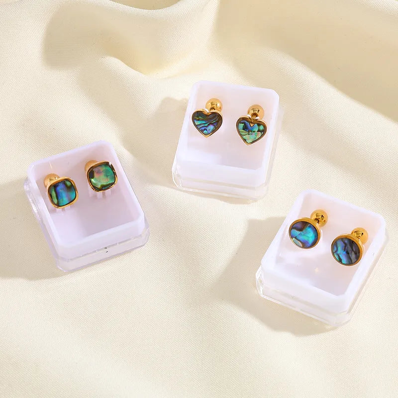 Boucles Oreilles - Coquille d'Ormeau - Acier Inoxydable 304 Zircon Plaqué Or 18K - Clous d'oreilles