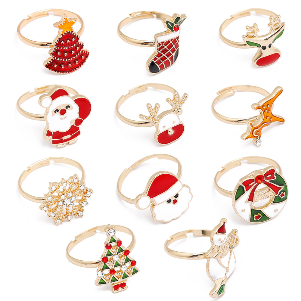 Bague Noël - Taille Ajustable pour Adulte - Père Noel Sapin Bonhomme Neige Etoile Renne Botte