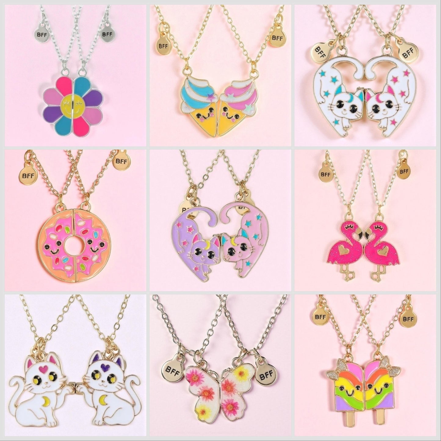 CHILDREN - Set of 2 Chains Friendship Necklaces Cat Unicorn & Heart - BFF Best Friends Forever - Fantasy - Rainbow Resin Pendant