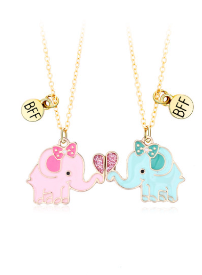CHILD - Set of 2 Elephant Friendship Necklaces - BFF Best Friends Forever - Fantasy - Magnetic Pendant - Silver or Gold