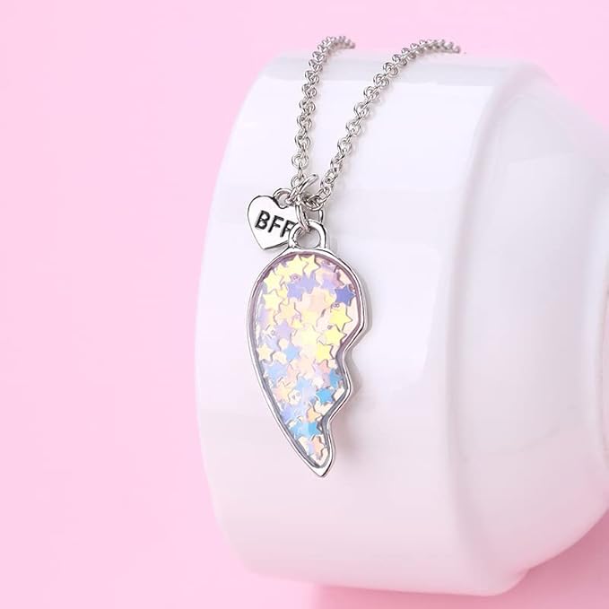 Lot de 2 Colliers D'amitié - Coeur Paillettes Etoilées - BFF - Best Friends Forever - Amitié - Pendentif Chaîne Argenté