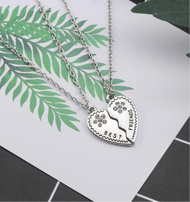 Set of 2 Heart Friendship Necklaces - BFF Best Friends Forever - Fantasy - Silver Pendant and Chain
