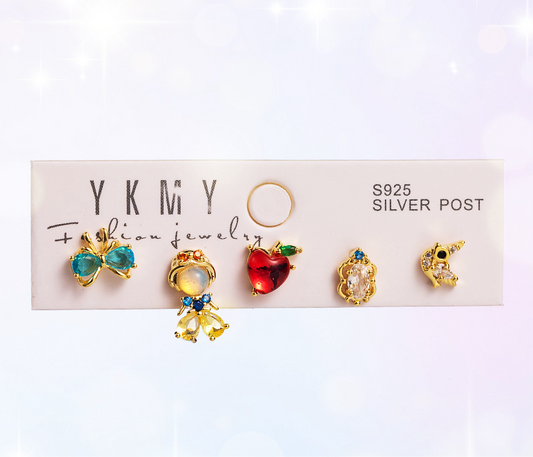 Ensemble de 5 Boucles Oreilles - Cuivre Zircon Plaqué Or - Princesses - Mignon Conte de Fée Dessin Animé