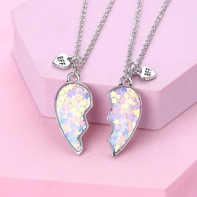 Lot de 2 Colliers D'amitié - Coeur Paillettes Etoilées - BFF - Best Friends Forever - Amitié - Pendentif Chaîne Argenté