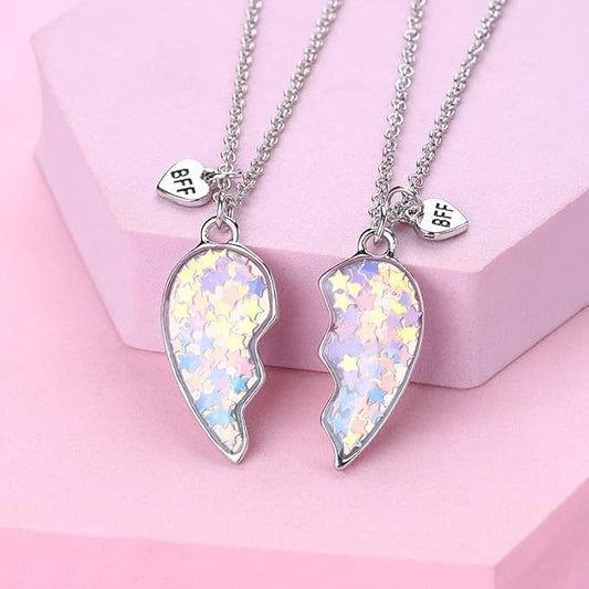 Lot de 2 Colliers D'amitié - Coeur Paillettes Etoilées - BFF - Best Friends Forever - Amitié - Pendentif Chaîne Argenté