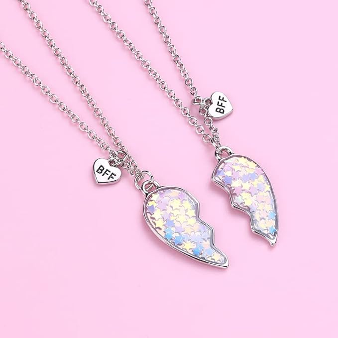 Lot de 2 Colliers D'amitié - Coeur Paillettes Etoilées - BFF - Best Friends Forever - Amitié - Pendentif Chaîne Argenté