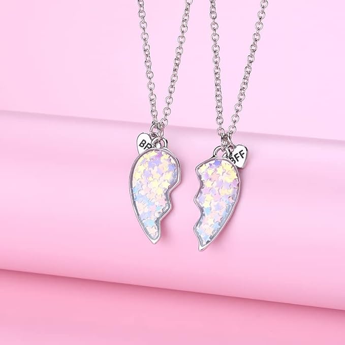 Lot de 2 Colliers D'amitié - Coeur Paillettes Etoilées - BFF - Best Friends Forever - Amitié - Pendentif Chaîne Argenté