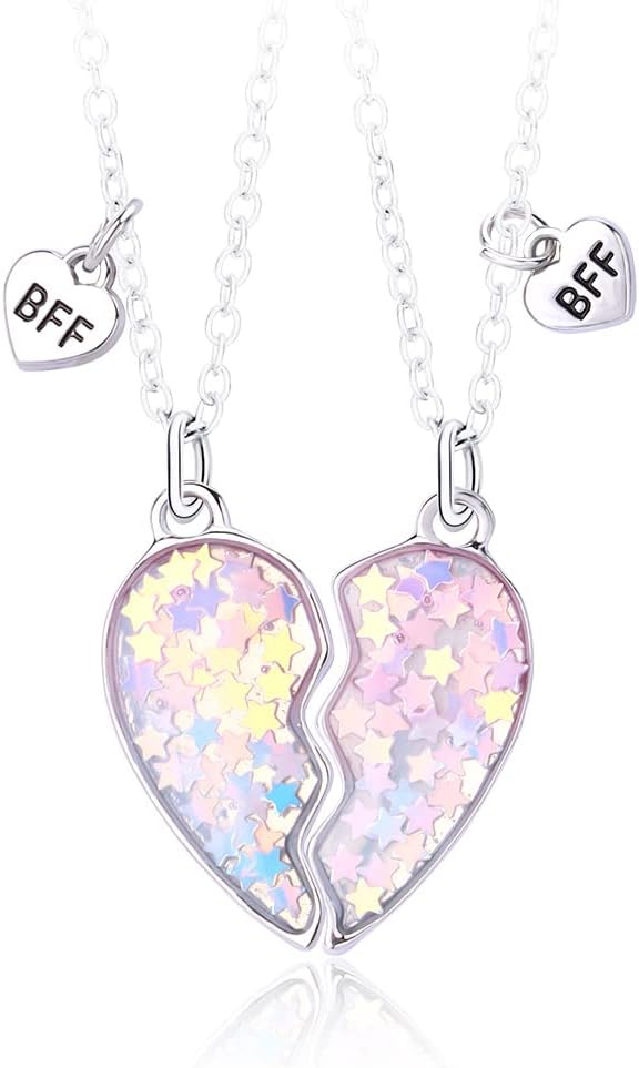 Lot de 2 Colliers D'amitié - Coeur Paillettes Etoilées - BFF - Best Friends Forever - Amitié - Pendentif Chaîne Argenté