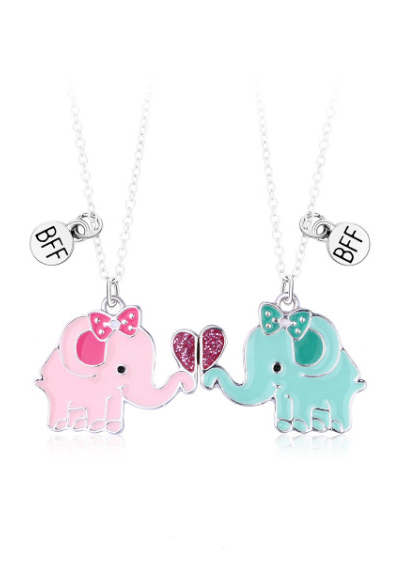 CHILD - Set of 2 Elephant Friendship Necklaces - BFF Best Friends Forever - Fantasy - Magnetic Pendant - Silver or Gold