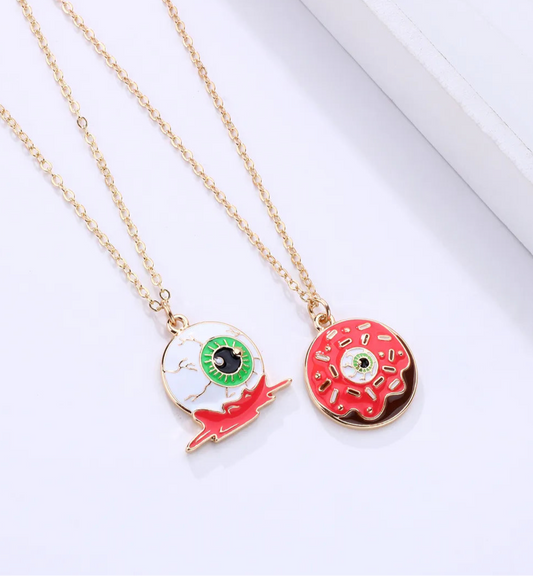 Lot de 2 Collier d'amitié - Oeil Donuts Effrayant - BFF - Best Friends Forever - Pendentif Doré - Amitié - Halloween