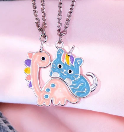 CHILD - Set of 2 Cute Unicorn Cat Dinosaur Friendship Necklaces - BFF Best Friends Forever - Fantasy - Magnetic Pendant