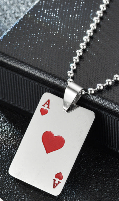 Collier Pendentif As de Coeur Lucky Poker - Porte Bonheur - Acier Inoxydable