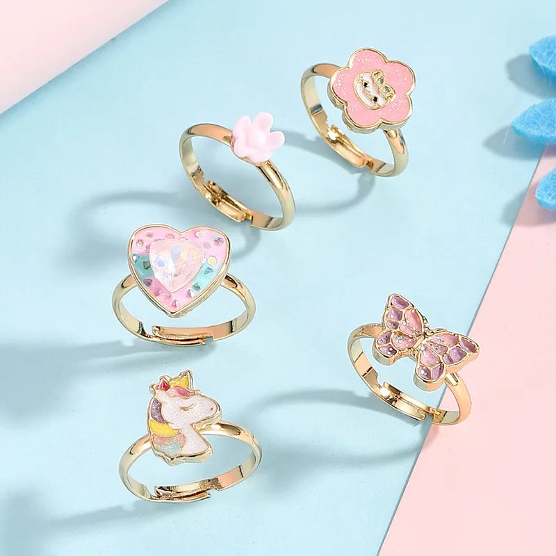Lot de 5 Bagues Réglables pour Enfants - Bague Papillon Coeur Licorne Fleur - BFF