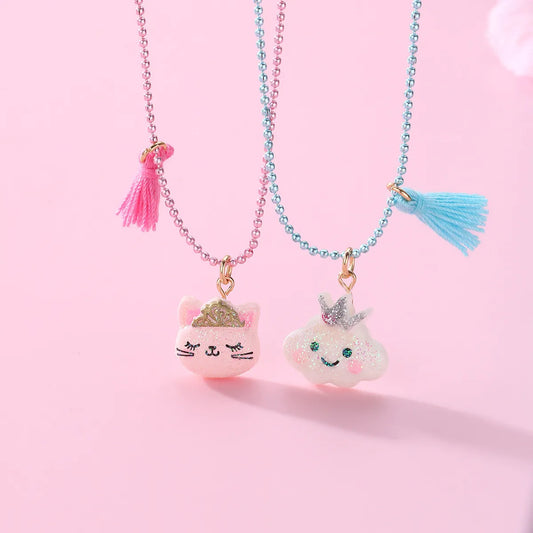 Lot de 2 Colliers BFF - Chat Nuage Pompon - Best Friends Forever - Pendentif et Chaine Colorée - Amitié