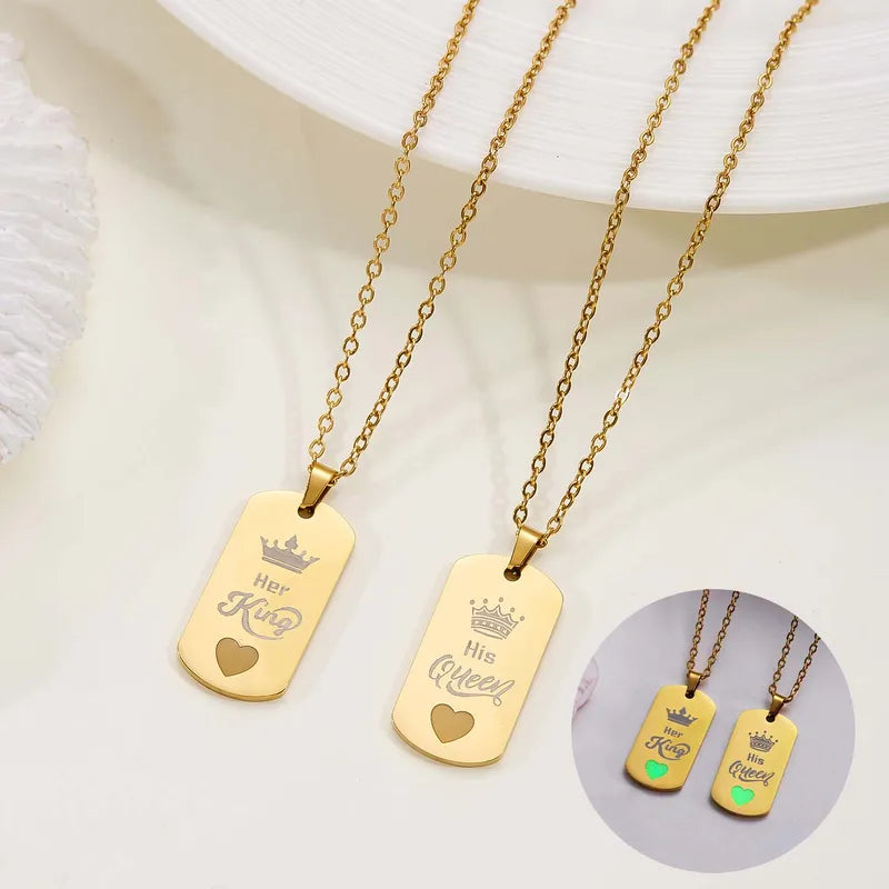 Lot de 2 Colliers D'amitié Couple - Roi Reine - Coeur Phosphorescent - BFF - Best Friends - Amoureux - Pendentif Chaine - Acier Inoxydable