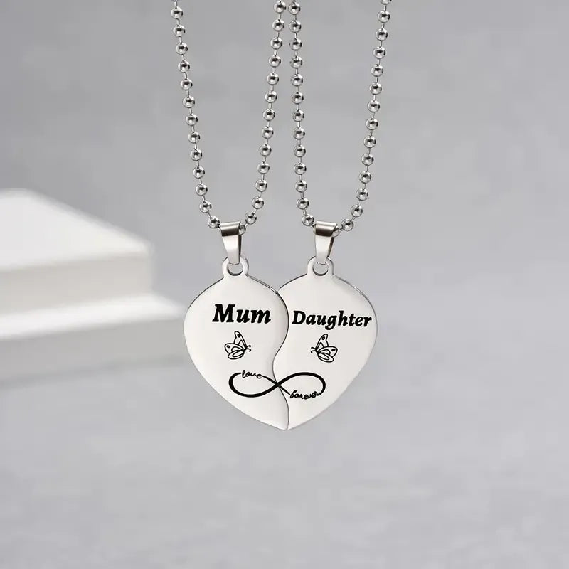 Set of 2 Mother Daughter Necklaces - Family Parents Child Mom Daughter - Fantasy - Heart Pendant - Stainless Steel