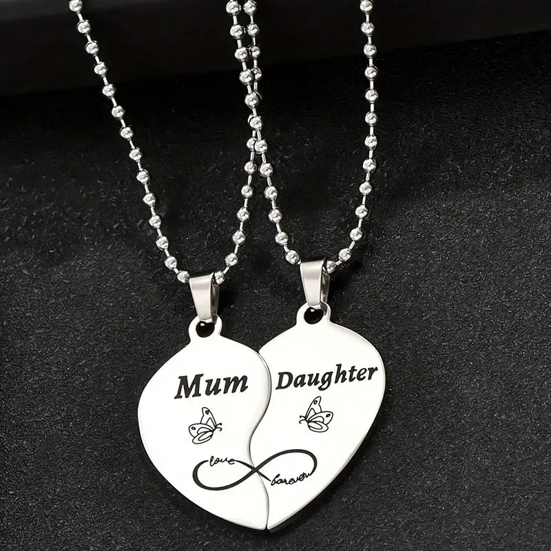 Set of 2 Mother Daughter Necklaces - Family Parents Child Mom Daughter - Fantasy - Heart Pendant - Stainless Steel