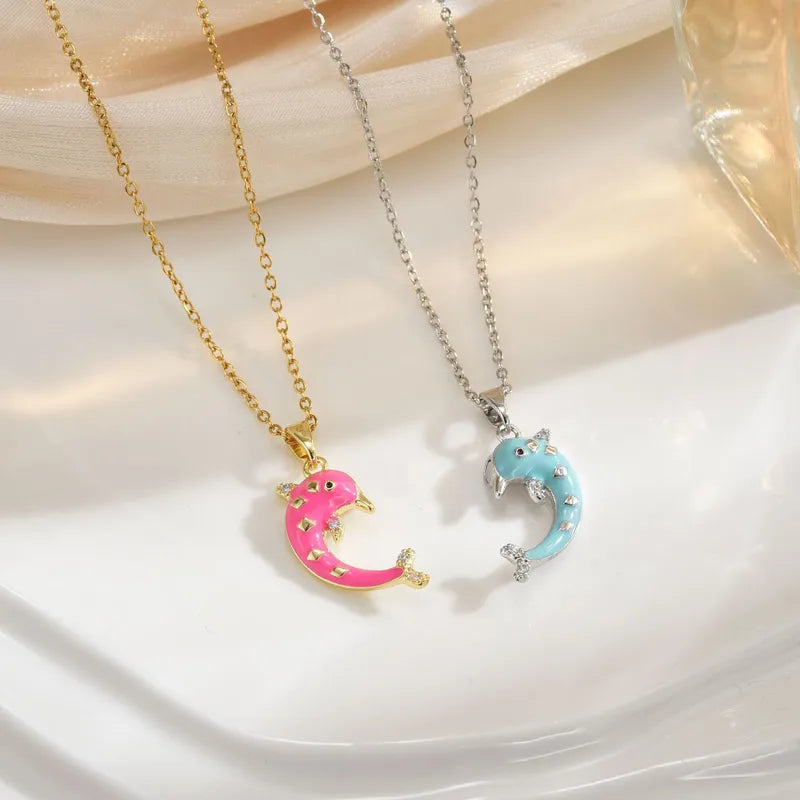 CHILDREN - Set of 2 Dolphin Heart Friendship Necklace Chains - BFF Best Friends Forever - Fancy - Magnetic Pendant with Gold Chain