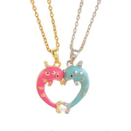 CHILDREN - Set of 2 Dolphin Heart Friendship Necklace Chains - BFF Best Friends Forever - Fancy - Magnetic Pendant with Gold Chain