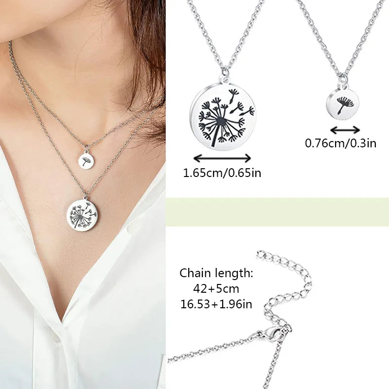 Lot de 2 Colliers avec Carte - Mère Fille - Famille Parents Enfant Maman Fille - Pendentif Rond Pissenlit - Acier Inoxydable