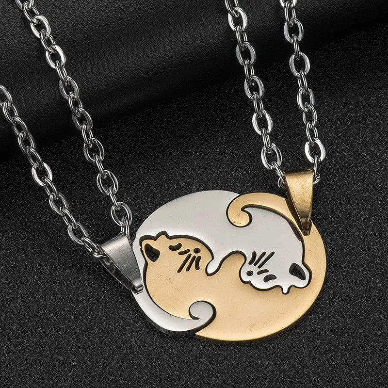Lot de 2 Colliers D'amitié - Chats Entrelacés en Forme Coeur ou Rond - BFF - Best Friends Forever - Amoureux Couple - Acier Inoxydable - Amoureux des Chats