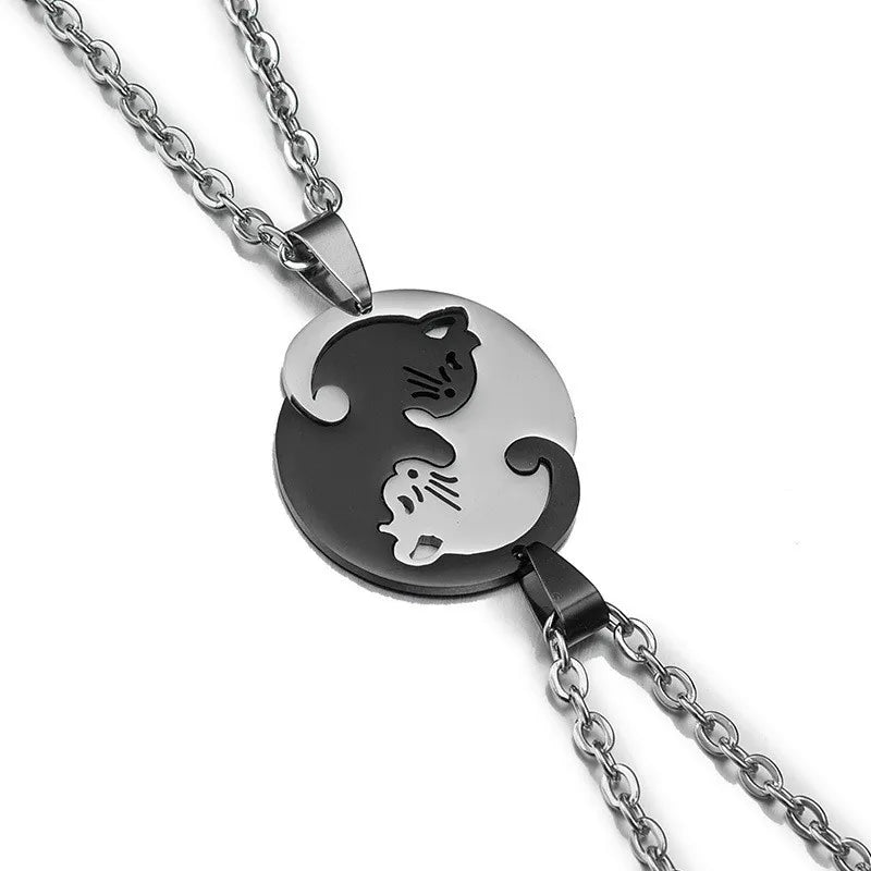 Lot de 2 Colliers D'amitié - Chats Entrelacés en Forme Coeur ou Rond - BFF - Best Friends Forever - Amoureux Couple - Acier Inoxydable - Amoureux des Chats