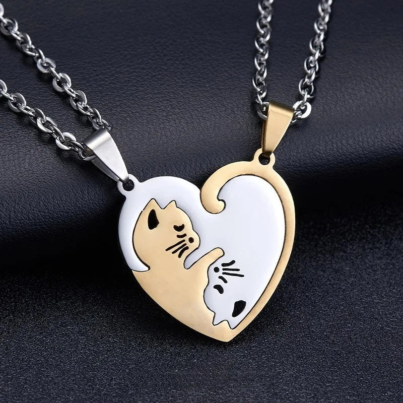 Lot de 2 Colliers D'amitié - Chats Entrelacés en Forme Coeur ou Rond - BFF - Best Friends Forever - Amoureux Couple - Acier Inoxydable - Amoureux des Chats