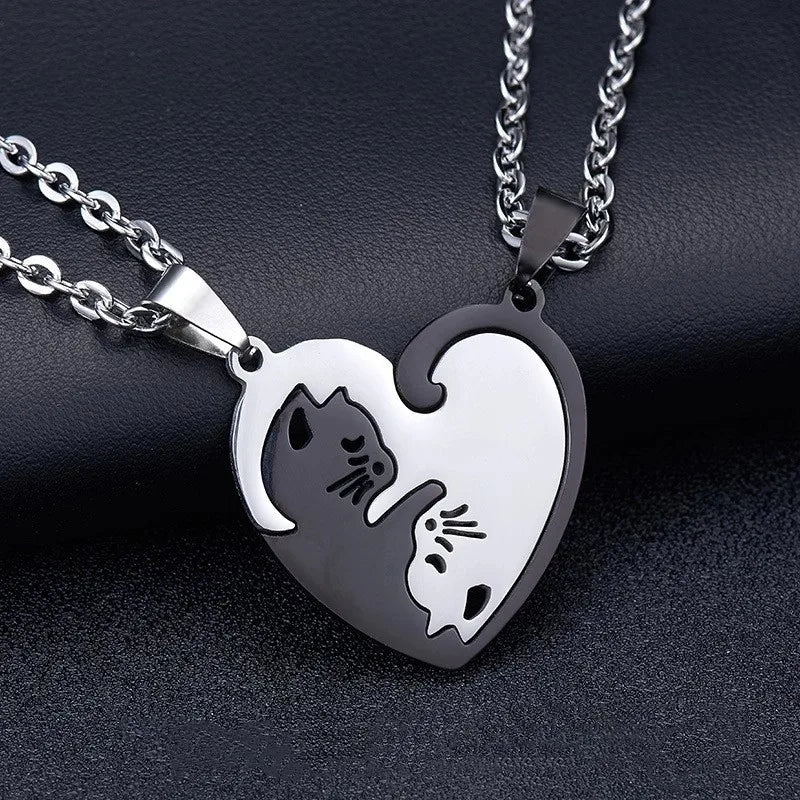 Lot de 2 Colliers D'amitié - Chats Entrelacés en Forme Coeur ou Rond - BFF - Best Friends Forever - Amoureux Couple - Acier Inoxydable - Amoureux des Chats