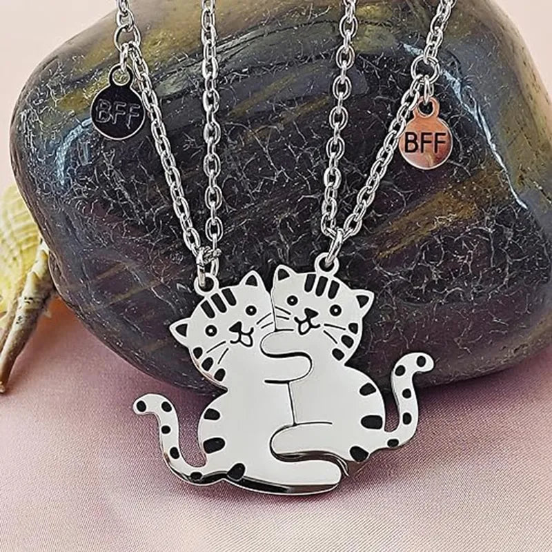 Set of 2 Friendship Necklaces Chains - Intertwined Cats - BFF Best Friends Forever - Pendant - Lovers Couple Silver Stainless Steel - Jewelry to share - Cat Lovers