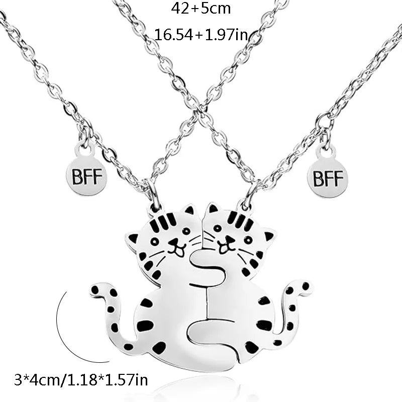 Set of 2 Friendship Necklaces Chains - Intertwined Cats - BFF Best Friends Forever - Pendant - Lovers Couple Silver Stainless Steel - Jewelry to share - Cat Lovers