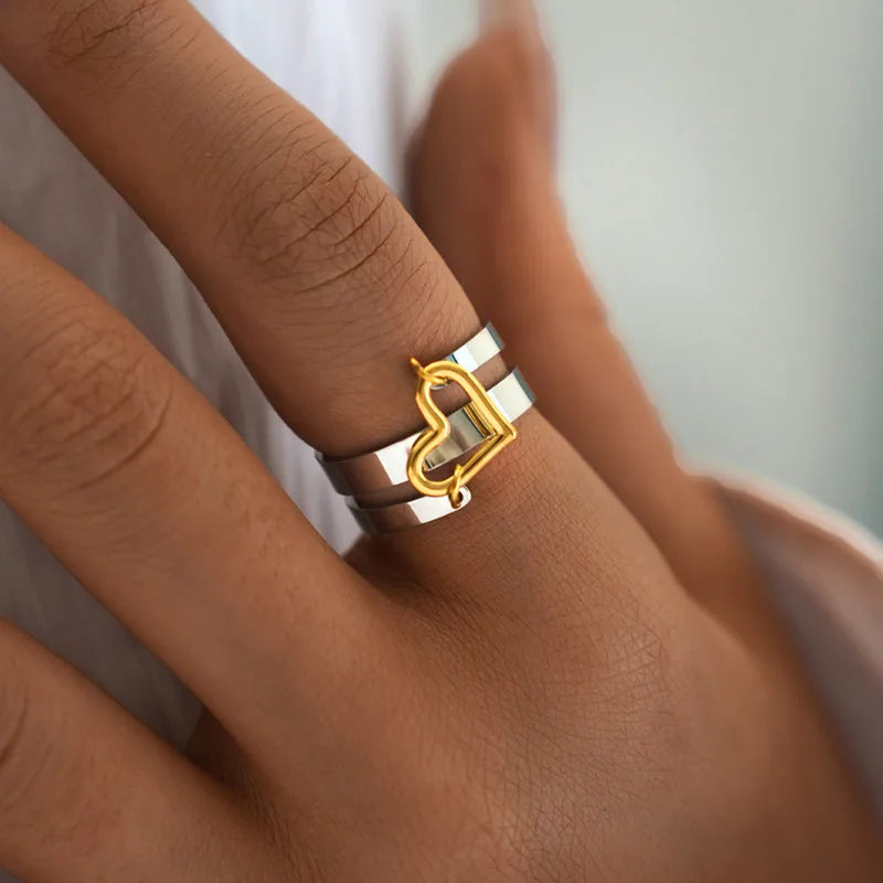 Bague Réglable Adulte - Ajustable - Acier Inoxydable 304 Plaqué Or - Coeur