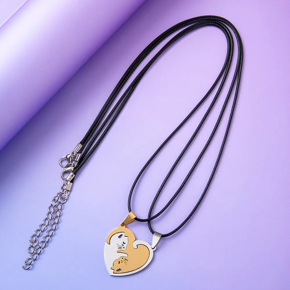 Lot de 2 Colliers Cordon D'amitié - Chats Entrelacés Coeur - BFF - Best Friends Forever - Amoureux Couple - Acier Inoxydable - Amoureux des Chats
