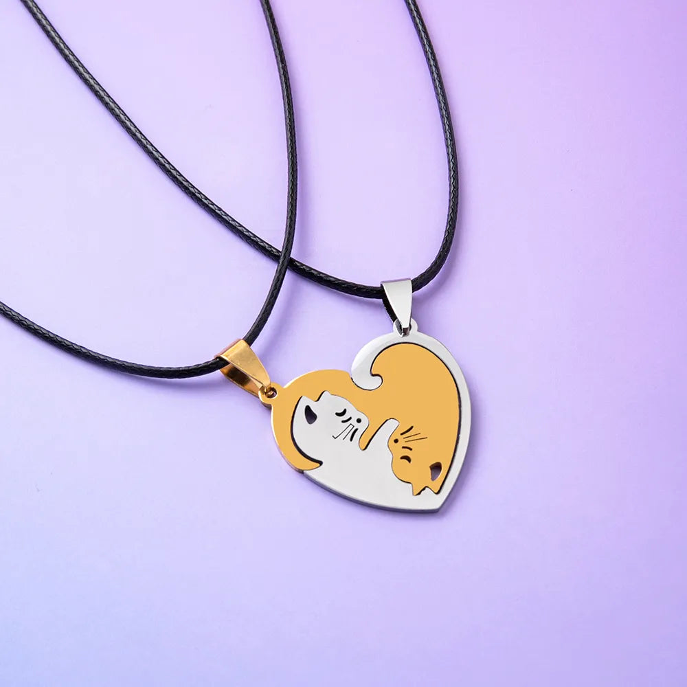 Lot de 2 Colliers Cordon D'amitié - Chats Entrelacés Coeur - BFF - Best Friends Forever - Amoureux Couple - Acier Inoxydable - Amoureux des Chats