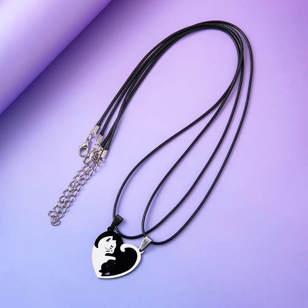 Lot de 2 Colliers Cordon D'amitié - Chats Entrelacés Coeur - BFF - Best Friends Forever - Amoureux Couple - Acier Inoxydable - Amoureux des Chats