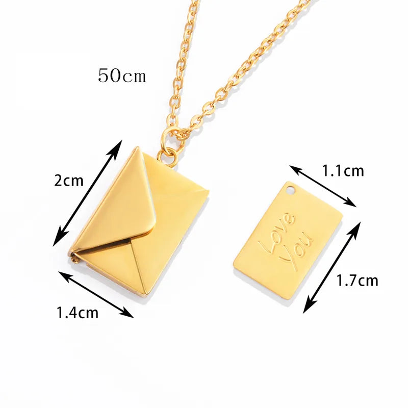 Collier Enveloppe avec Lettre à l'intérieur - Message - Love You - Gravure - Acier Inoxydable