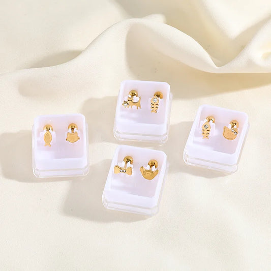 Boucles Oreilles - Chat Poisson ou Chien Os - Acier Inoxydable 304 Zircon Plaqué Or 18K - Clous d'oreilles