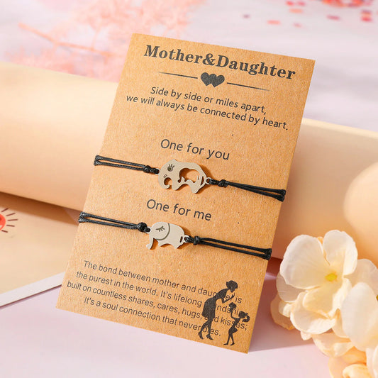 Lot de 2 Bracelets Cordon Réglable avec Carte - Mère Fille - Elephant Eléphanteau - Famille Parents Enfant Maman Fille Fils - Acier Inoxydable