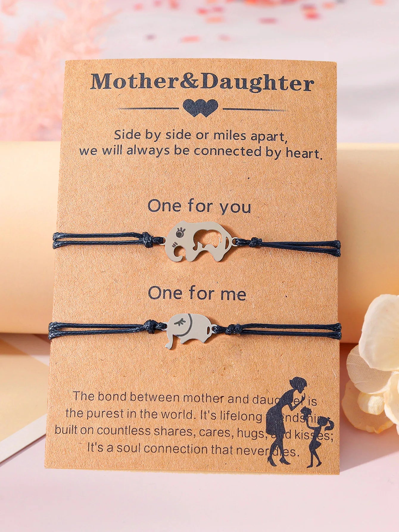 Set mit 2 Elefanten-Armbändern für Mutter und Tochter – Familie, Eltern, Kind, Mutter und Tochter – Fantasie – Elefanten-Anhänger – Edelstahl