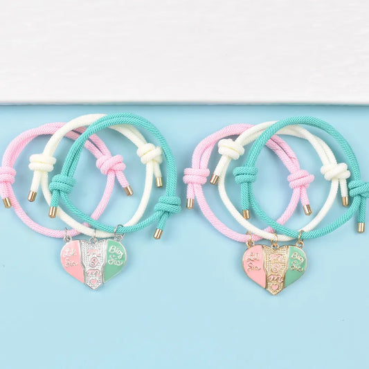 Lot de 3 Bracelets Mère Filles Cordon Réglable - Coeur Aimanté - Couleurs Pastels - Famille - A partager
