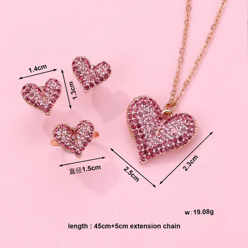 Parure 3 pièces - Collier Boucles Oreilles Bague - Coeur Strass Diamant - Fantaisie - Amoureux - Mignon Doré Strass Saint Valentin