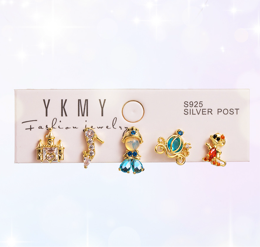 Ensemble de 5 Boucles Oreilles - Cuivre Zircon Plaqué Or - Princesses - Mignon Conte de Fée Dessin Animé