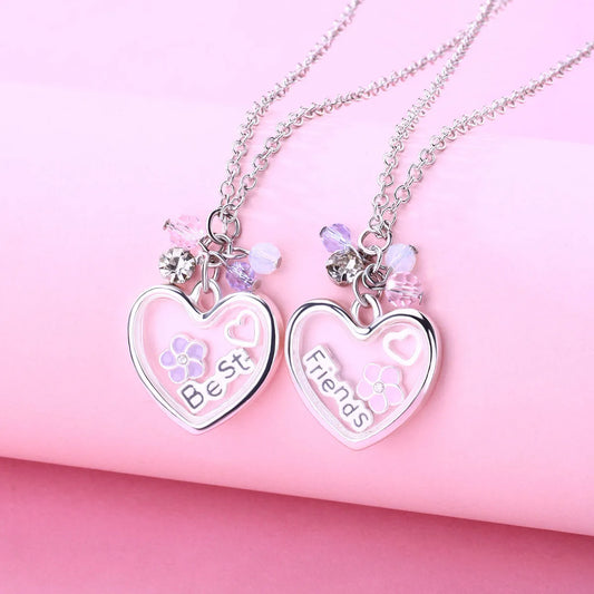 Lot de 2 Colliers BFF - Coeur Verre double couche - Best Friends Forever - Pendentif Chaine Argenté - Amitié