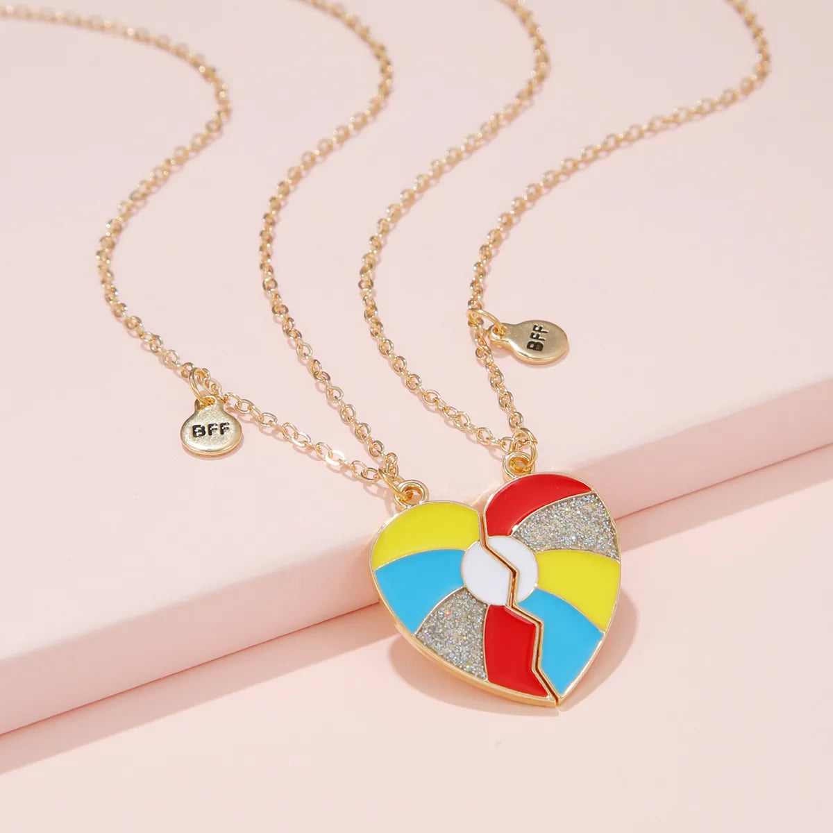CHILDREN - Set of 2 Chains Friendship Necklaces Cat Unicorn & Heart - BFF Best Friends Forever - Fantasy - Rainbow Resin Pendant