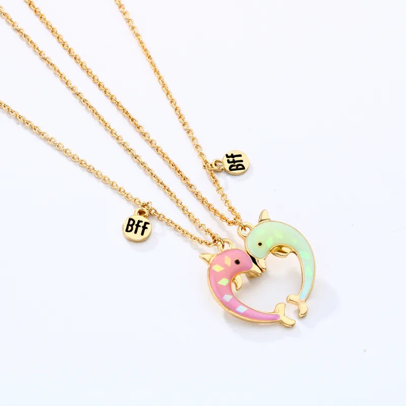 Lot de 2 Colliers D'amitié Aimanté - Coeur Dauphins - BFF - Best Friends Forever - Fantaisie - Chaine Doré - Amitié