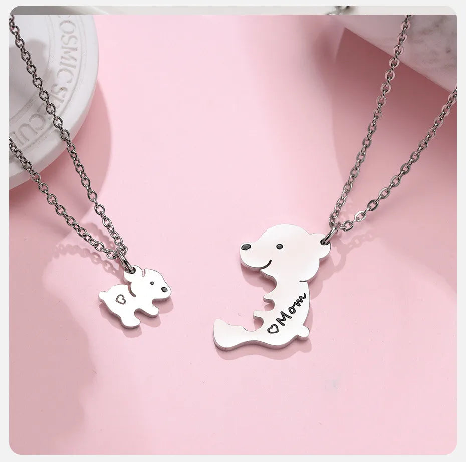 Lot de 2 Colliers - Mère Enfant - Famille Parents Enfant Maman - Pendentif Ours et Ourson à partager - Acier Inoxydable